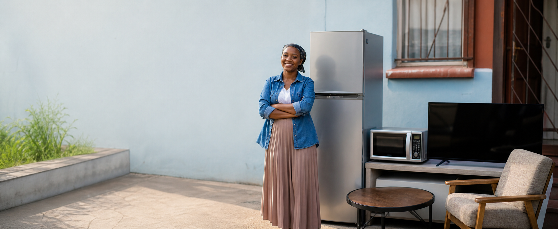 Seller standing with household items ready to sell